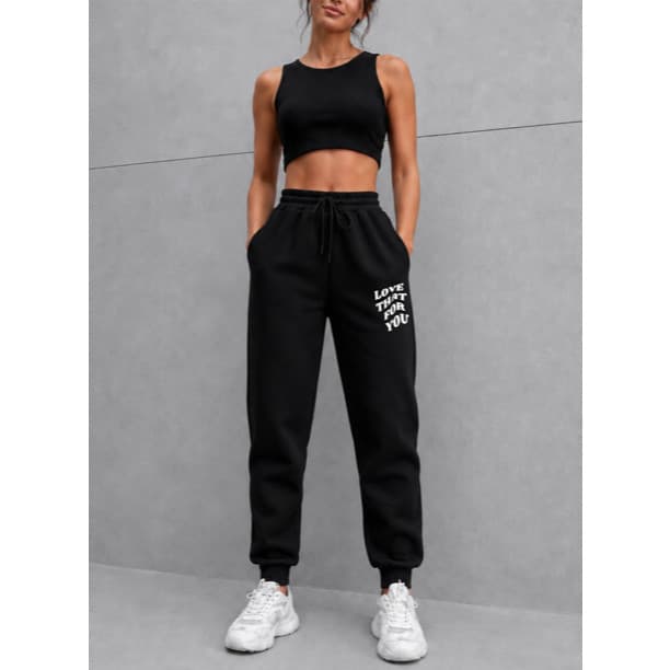Calça Moletom Feminina Estampada Love That For You 1503 Inverno Frio Modinha Gringa Bolsos Punho