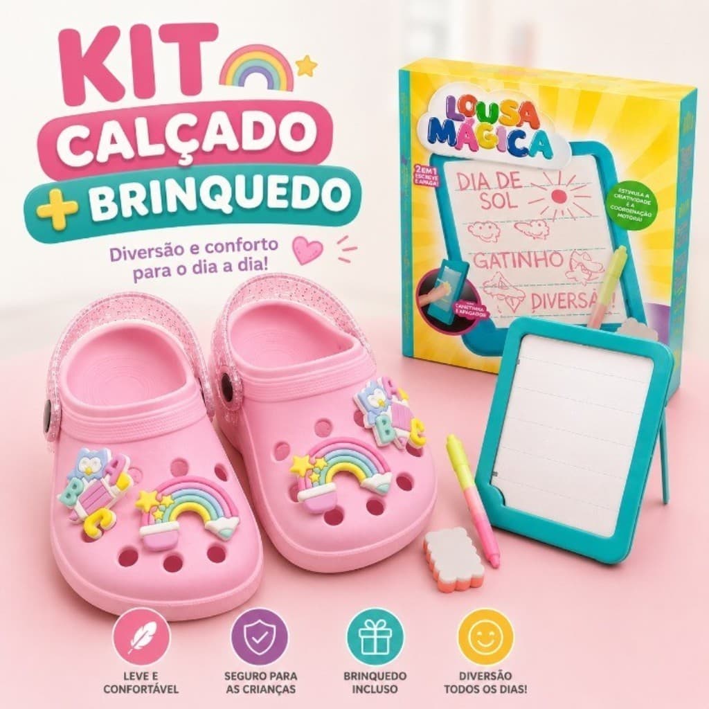 Kit Sandália Infantil Menina mais Brinquedo Leve Confortável Antiderrapante Macia Lousa Mágica Escolar Diversão