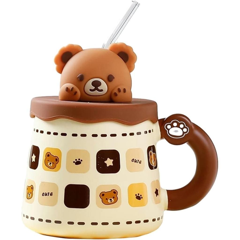 Caneca de Cerâmica Criativa em Forma de Urso, 420ml/14oz, Segura para Micro-ondas, com Tampa, Caneca de Café para Café d