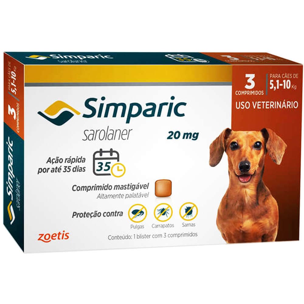 Anti Pulgas Simparic 20 Mg  5,1 A 10 Kg com 3 comprimidos