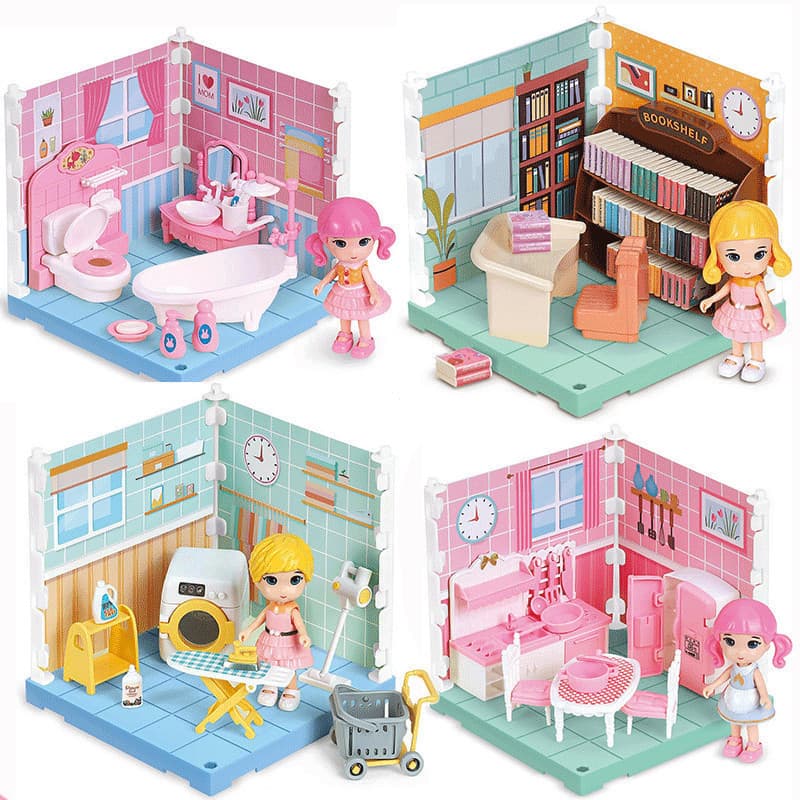 Kit De Casa De Bonecas Em Miniatura Diy Conjunto De Móveis Mini Simulados Banheiro Cozinha Lavanderia De Estudo Brinqued