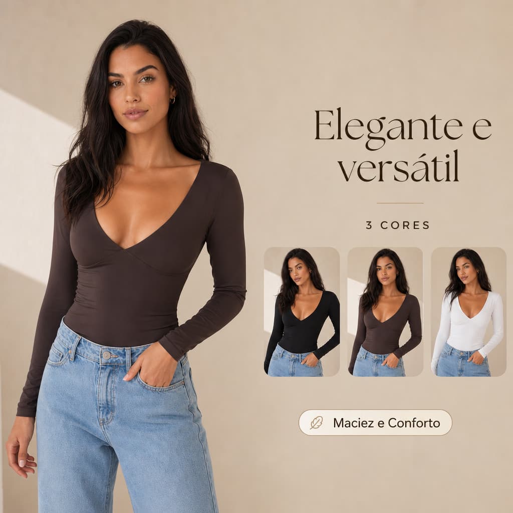Blusa Feminina Manga Longa Decote V com Drapeado Lateral em Poliamida