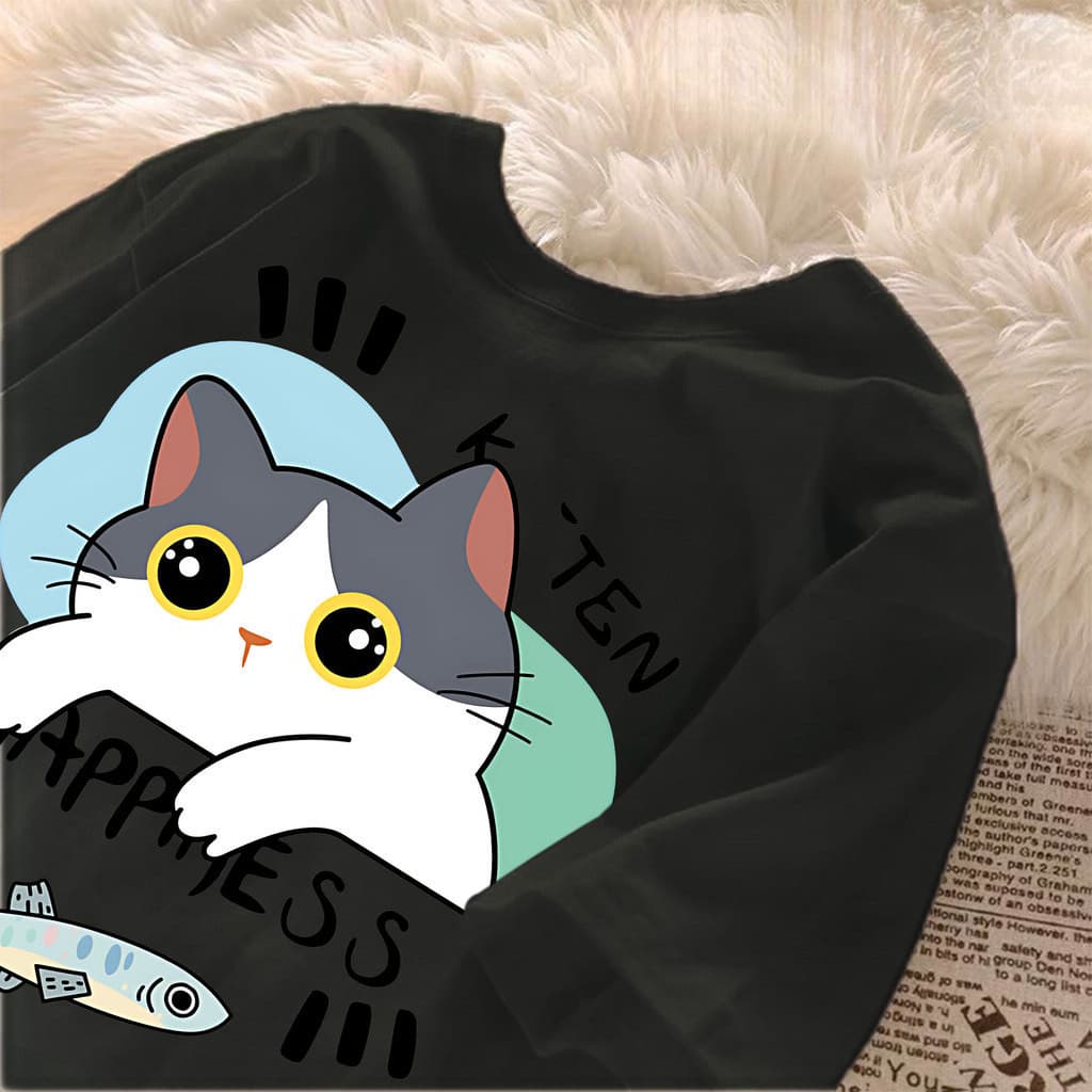Camisa Femenina Algodão Gatinho Pegando Peixe Camiseta Moda Verão Linha Premium