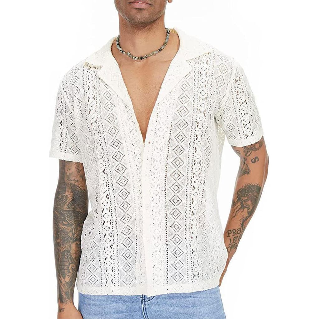 Em estoque: Nova camisa masculina de manga curta com renda e botões transparentes, estilo europeu e americano, casual pa