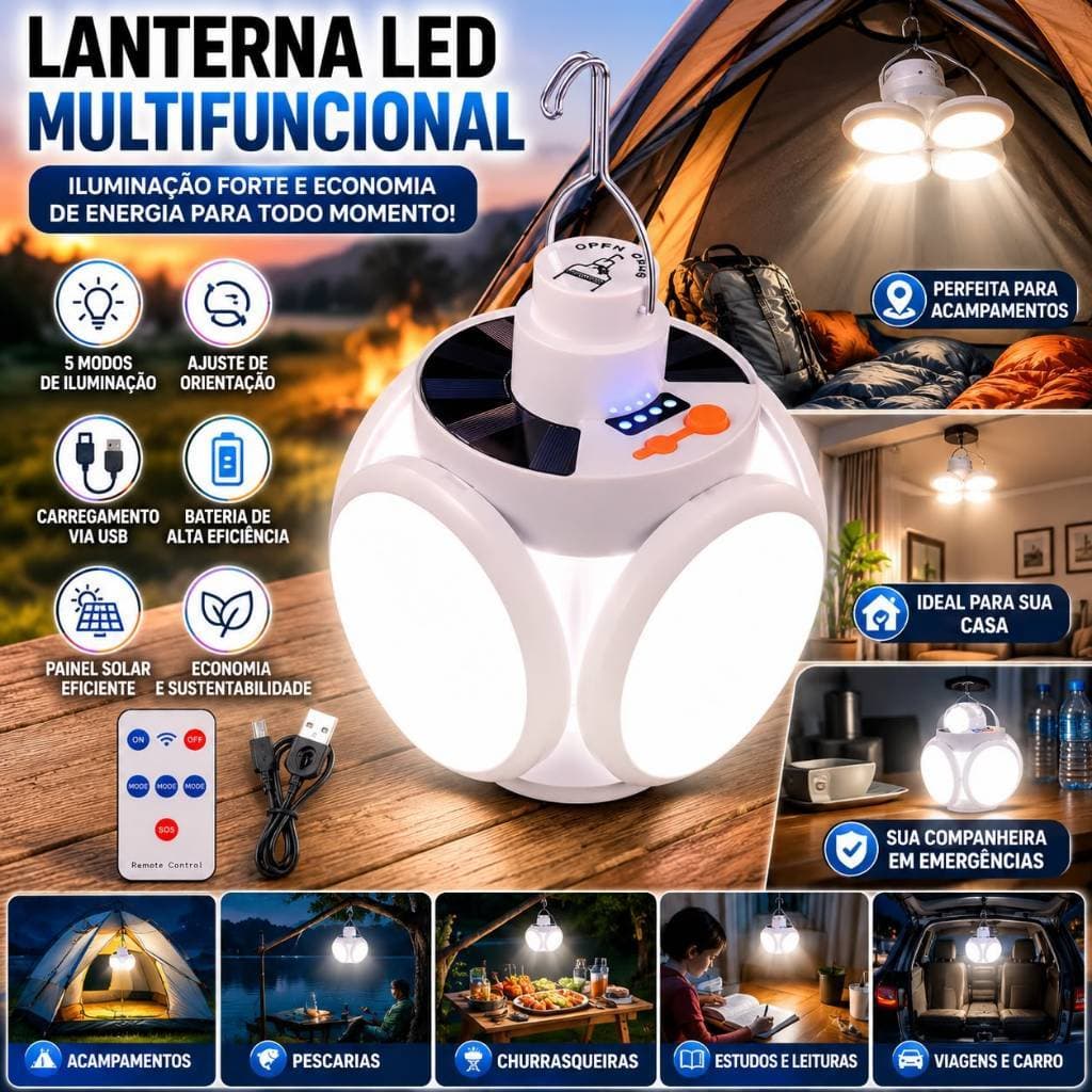 Luminária LED Solar Dobrável Recarregável USB com Controle Remoto para Camping Emergência Casa Pescaria