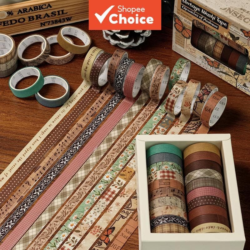 20 Rolos de Fita Washi Vintage, Kit de Caixa, Adesivos Decorativos para Scrapbooking DIY, Fita Adesiva Destacável,