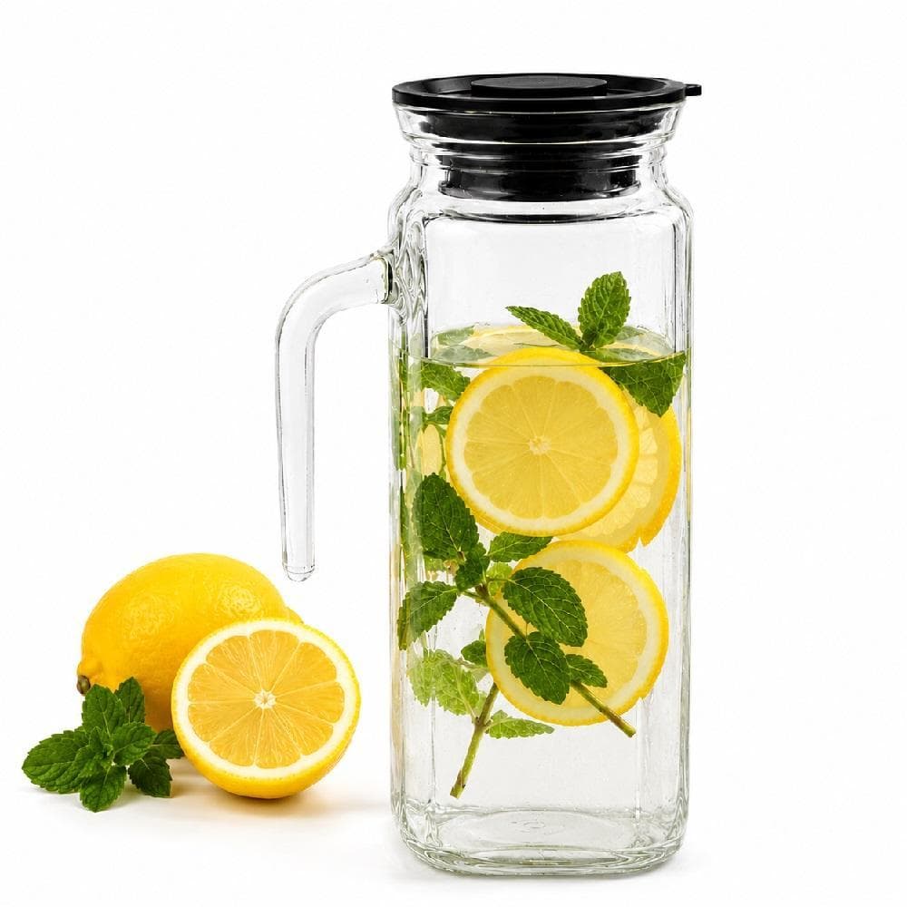 JARRA DE VIDRO CRISTAL 1.2L COM TAMPA E ALÇA SUQUEIRA TRANSPARENTE PARA SUCO ÁGUA GELADEIRA MESA POSTA ELEGANTE
