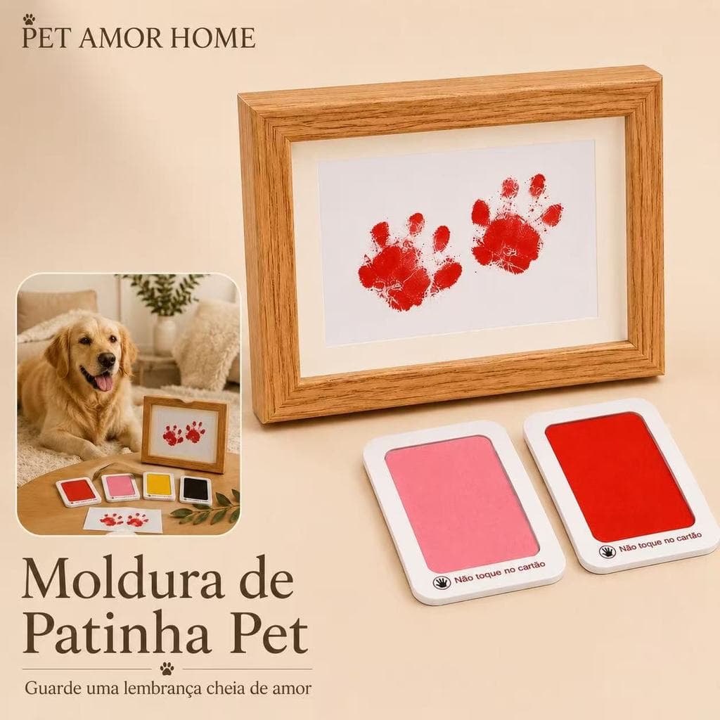 Kit Moldura Patinha Pet 11x15cm com Almofada de Tinta Limpa para Cachorro Gato Lembrança Presente