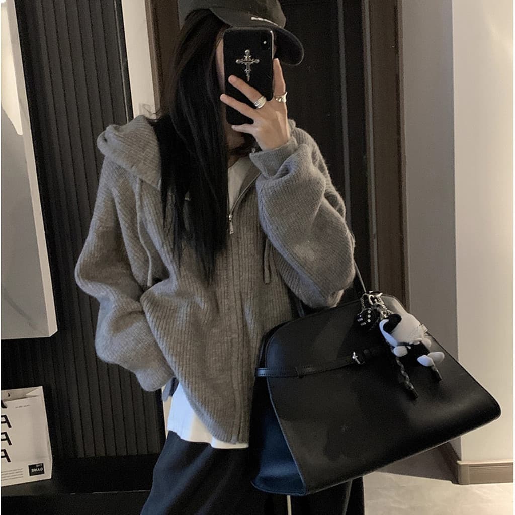 Cardigan de malha com capuz retrô feminino solto jaqueta diária de manga comprida