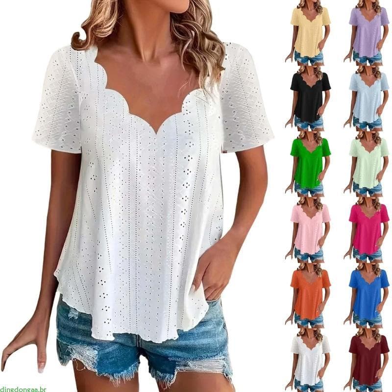 dingdongaa Camiseta Feminina E Respirável Curta Decote V