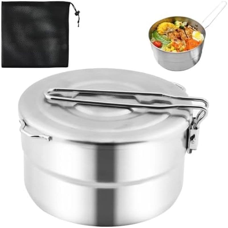 Panela De Acampamento De Aço Inoxidável , Panelas 1.5L Com Tampa E Alça Dobrável , Bento De Grande Capacidade Para Mochi