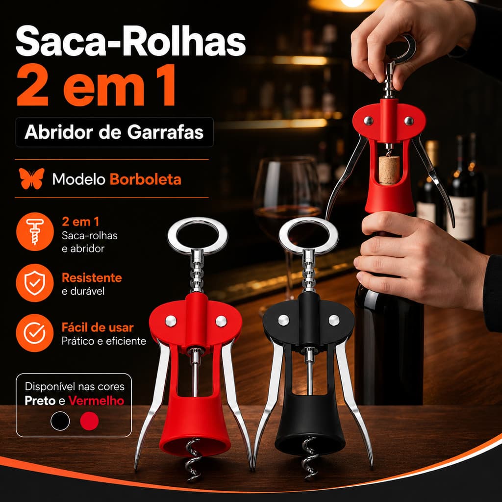 Abridor de Garrafas e Saca Rolha 2 em 1 Aço para Vinho Cerveja Tampinhas Rolhas Resistente Durável