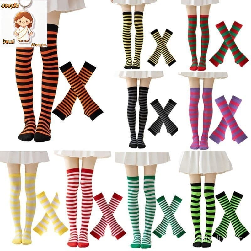 Kit Luva e Meia Listrada Listrado Diversas Cores Para Festa Cosplay Anime Moda Estica Unissex