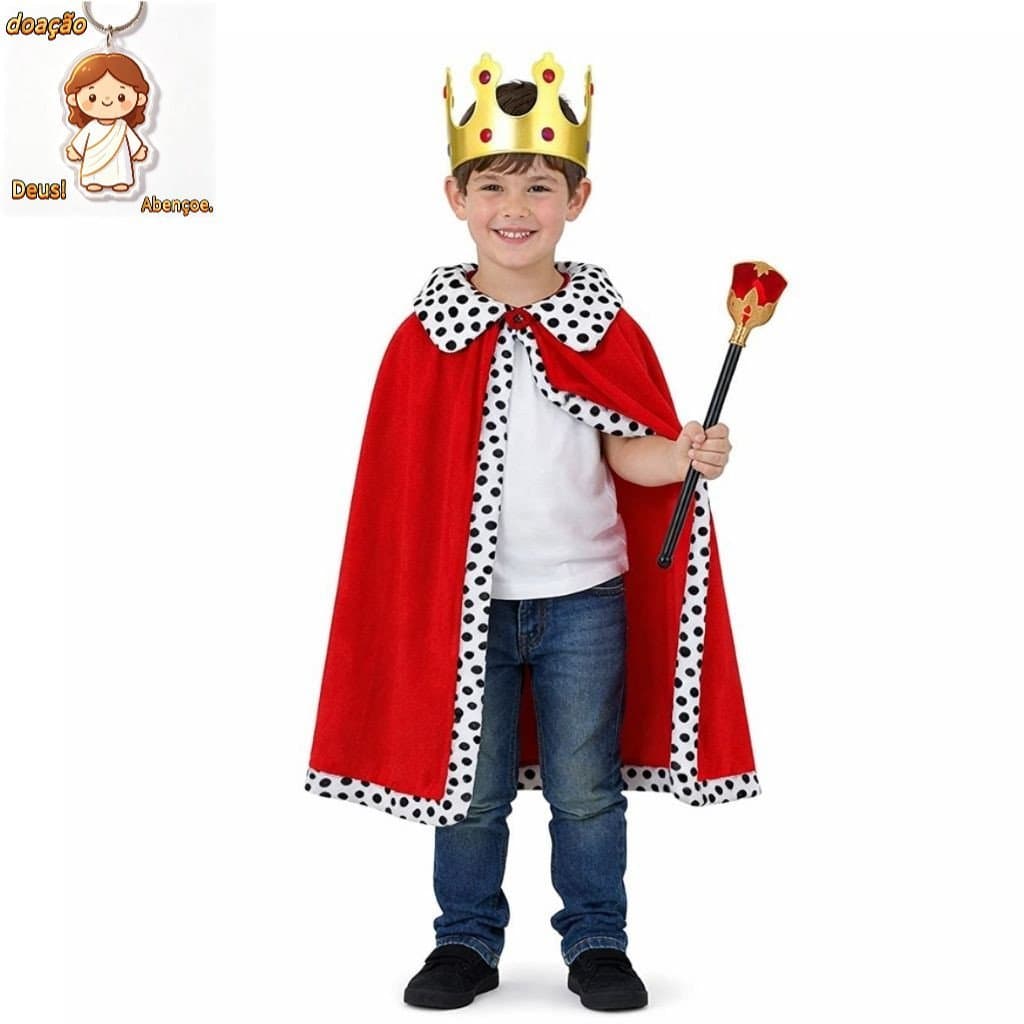 Kit Reizinho (Capa Rei Infantil + Bastão Rei + Coroa Rei Dourada Tecido)