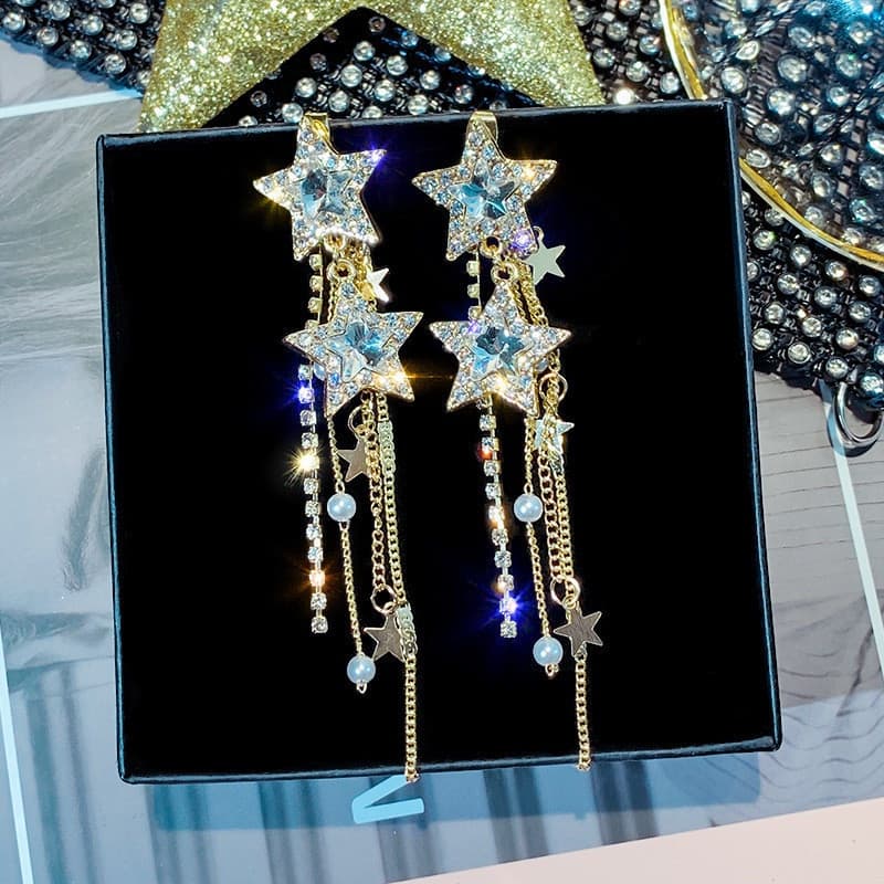 Estilo Coreano Brilhante Estrela Brincos Para As Mulheres Novo Longa Borla Azul De Cristal Oscila Jóias Acessórios
