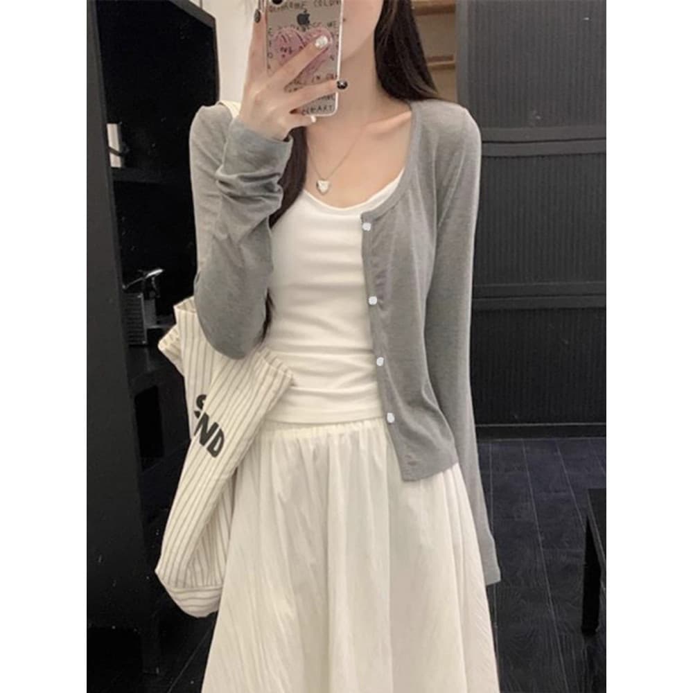 Simples versátil cinza fino-ajuste mais magro olhar jaqueta de malha Cardigan de manga comprida verão preguiçoso exterio