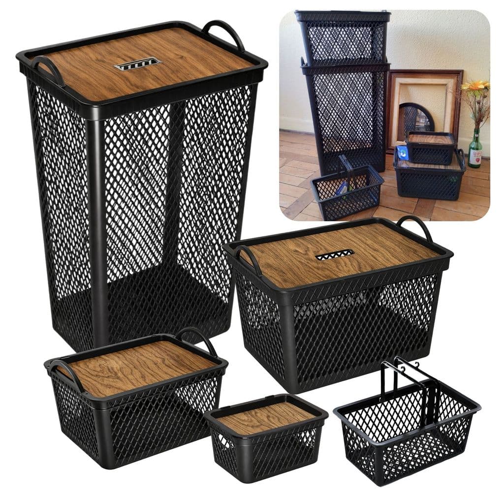 Kit Cestos Organizador Multiuso Telado Tampa Label Alça Banheiro Brinquedo Lavanderia Antimofo Roupa