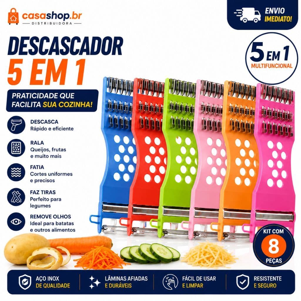kit 6 / 8 Descascador 5 Em 1 Fatiador Legumes Frutas Queijo Manual Multifuncional Para Cozinha