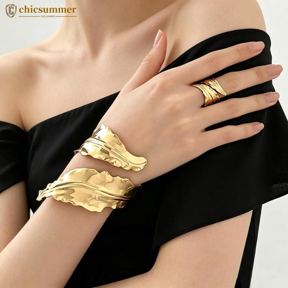 CHICSUMMER Ouro Vintage Plissado Folha Espiral Aberto Ajustável Pulseira Anel Conjunto Moda Jóias Para Mulheres Festa Fe