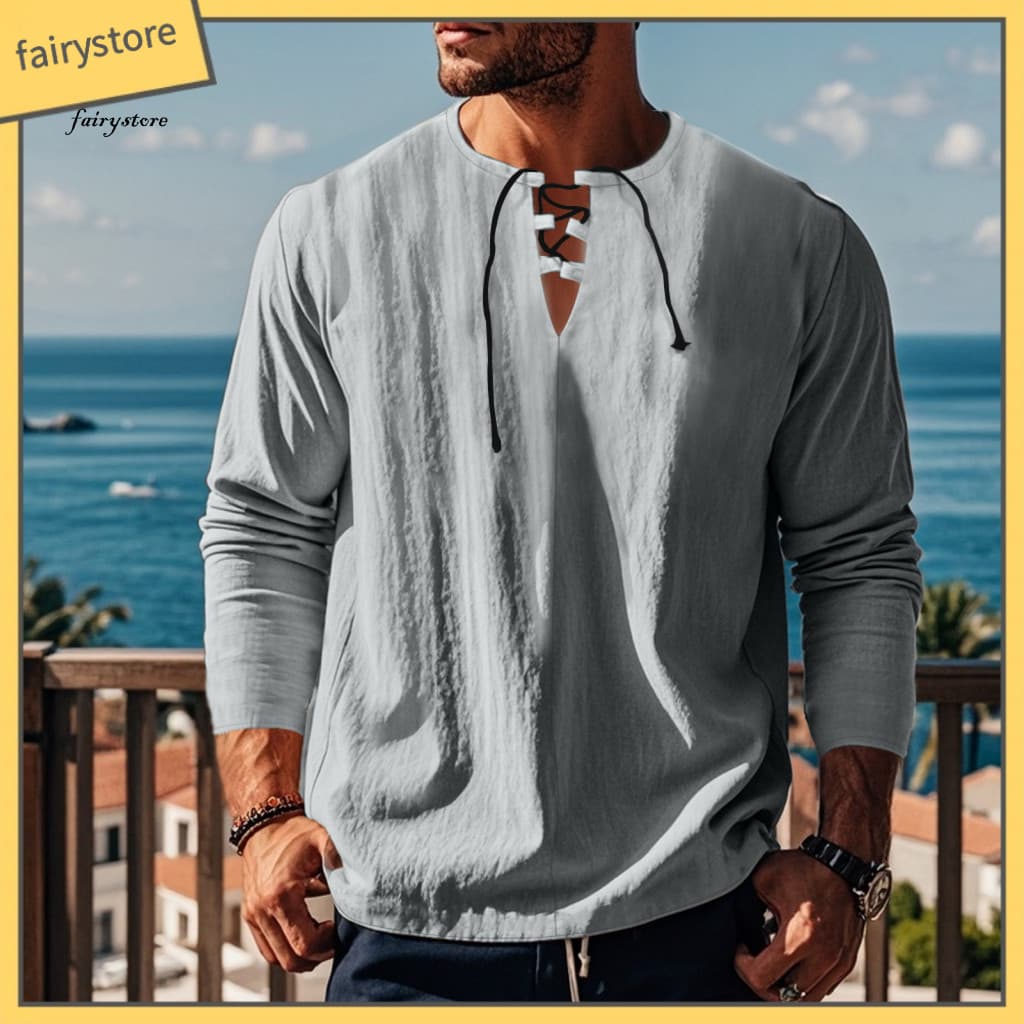 Stylish Men Long-sleeve Top Solid Color Shirt Men’s Cotton V-neck Long Sleeve T-shirt Loose Fit for Summer Wear Street