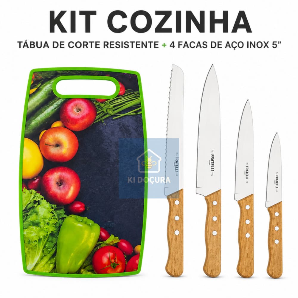 Kit Tábua de Corte Resistente + 4 Facas de Aço Inox 5" Multiuso