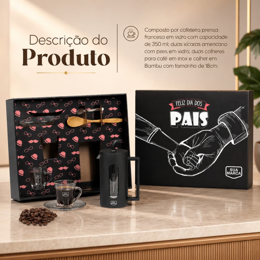 Kit Cafeteira Prensa Francesa com Xícaras – Personalizável Dia dos Pais