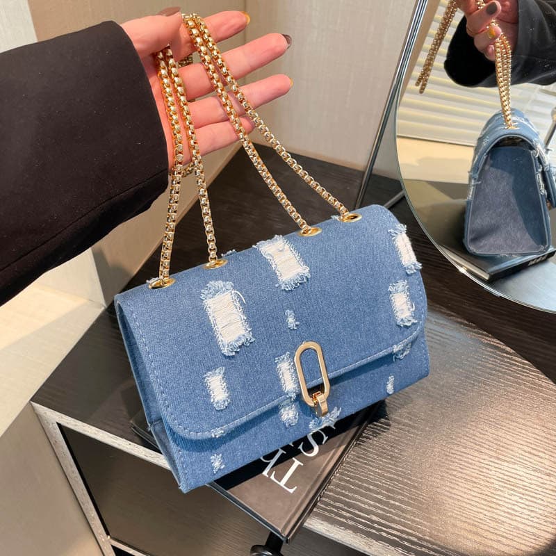 Estilo Popular angustiado Denim corrente pequena bolsa quadrada Casual ombro mensageiro bolsa feminina All-Match moda ab