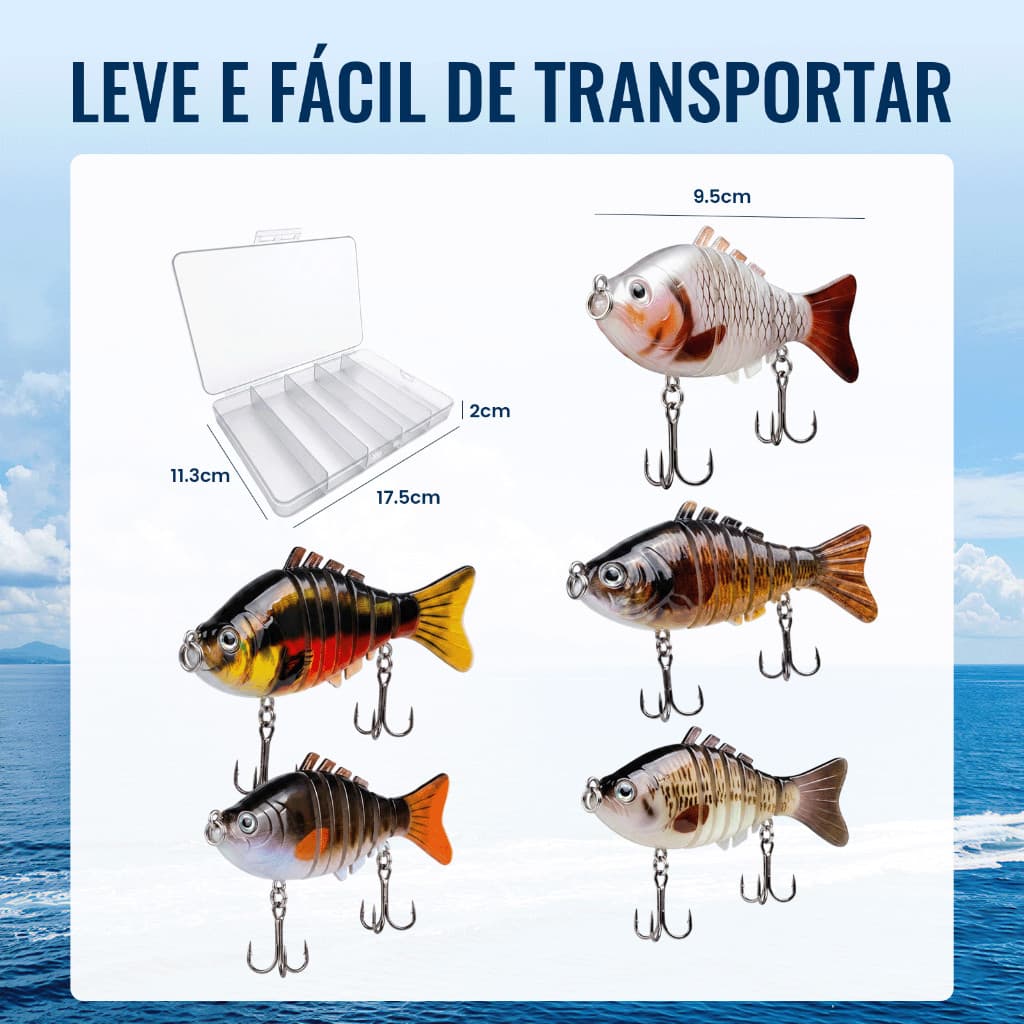 Kit 5 Isca Artificial Articulada de Pesca 9,5cm Isca Multi-articulada com Anzóis Triplos, Para Pesca em Rio, Lago e Mar