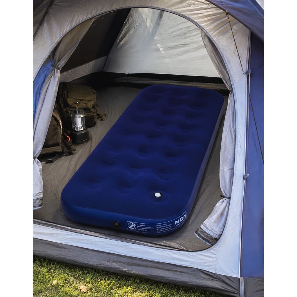 Colchão Inflável Solteiro MOR Azul com Inflador de Pé Embutido Camping Viagens Visitas Acampar