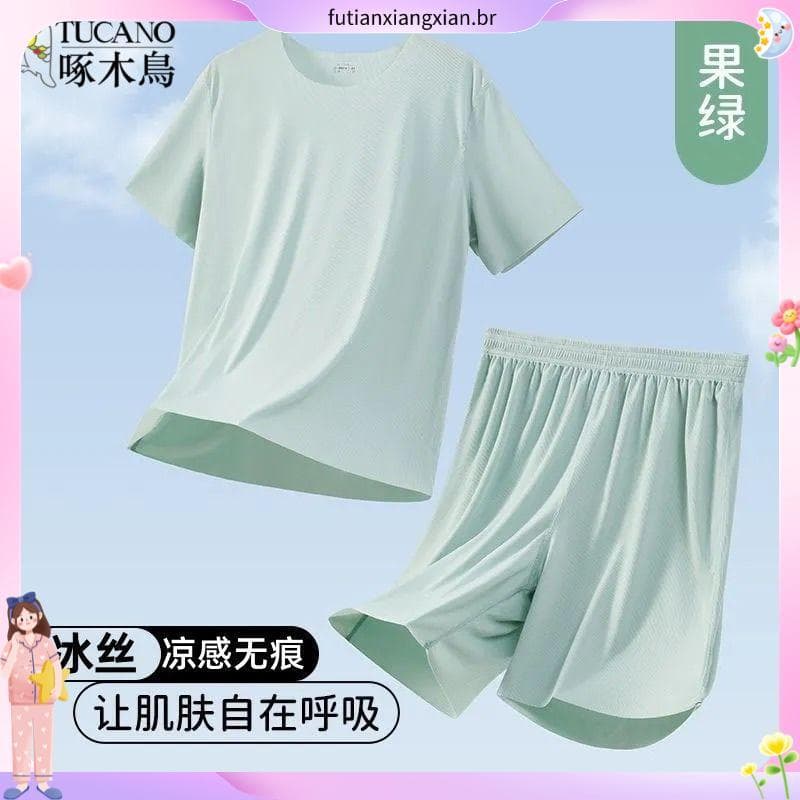 Woodpecker masculino Casual terno verão gelo seda legal sentimento sem costura pijamas de manga curta masculino solto ta