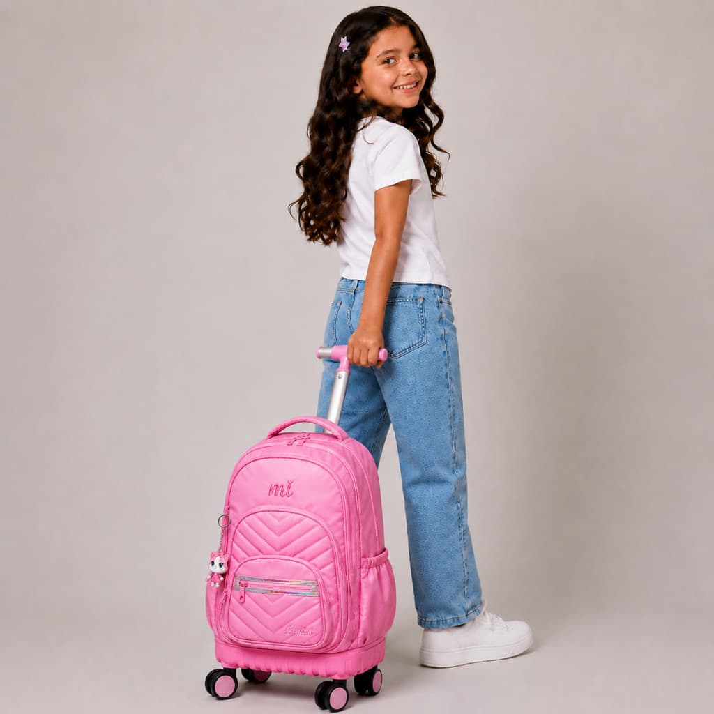 Mochila Escolar Feminina Nylon Resistente Infantil Rosa de Rodinhas com Bolsos e Chaveiro Gatinha