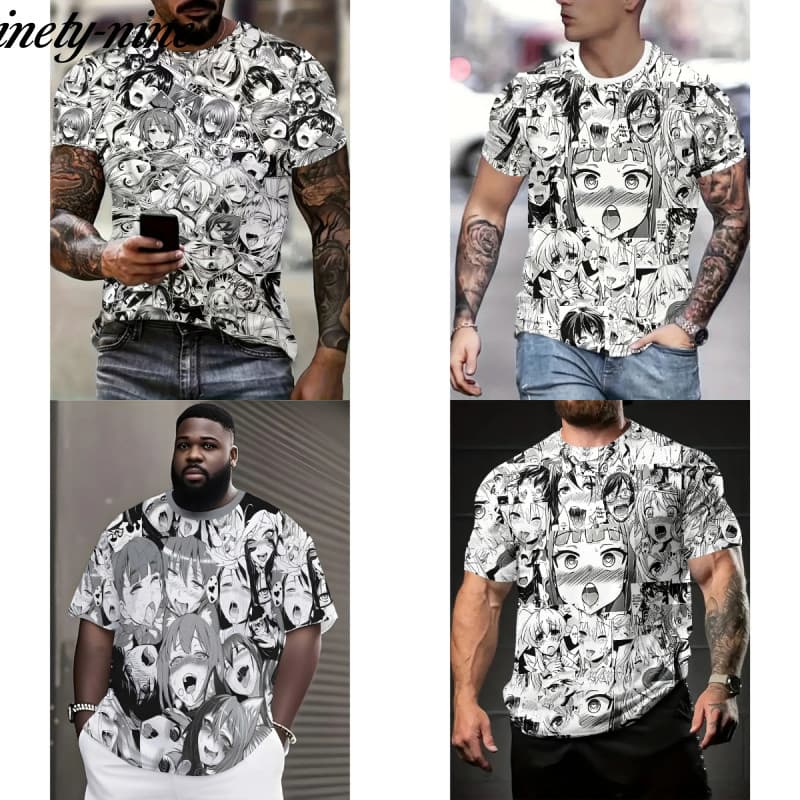 Camiseta Masculina Estampada em Preto e Branco com Tema de Quadrinhos e Anime, Estilo Otaku, Camiseta Casual de Manga Cu
