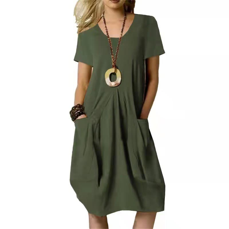 Vestido Midi De Linho De Algodão Bege Feminino Com Decote Em V Manga Curta Plissado Frontal Solto Casual