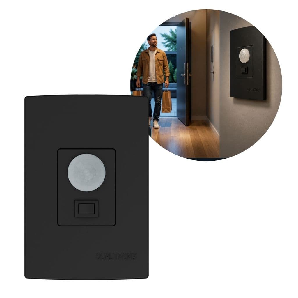 Sensor de Presença Multifuncional Parede 180º C/ Chave Preto