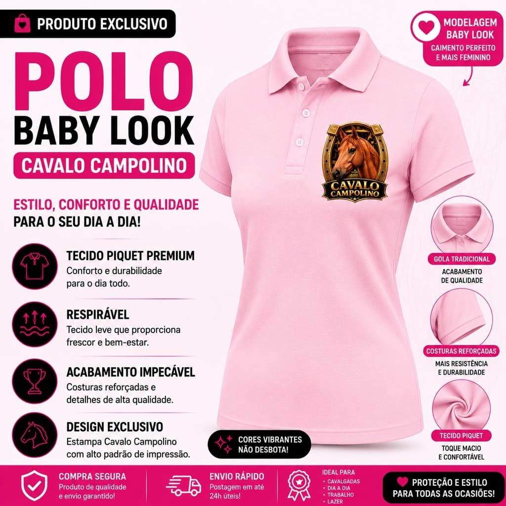 Camisa Polo Feminina Baby Look Cavalo Campolino