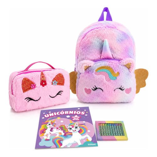 Kit Mochila Unicórnio Menina Estojo Livro De Colorir E Giz de Cera