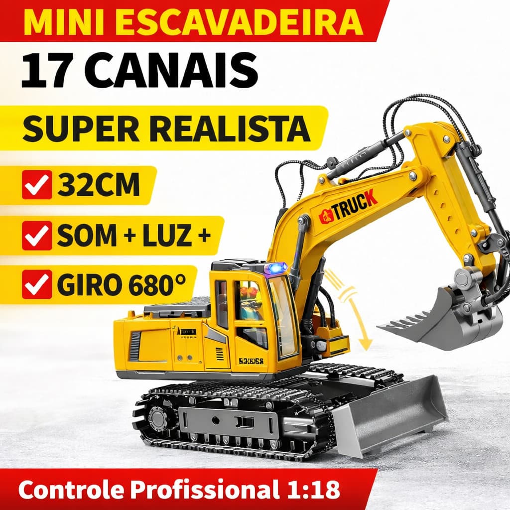 Escavadeira RC 17 Canais 2.4GHz 1:18 Controle Remoto Com Som Luz Bateria Recarregável