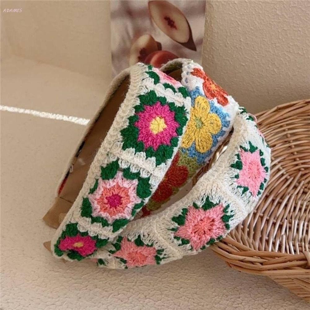 ADAMES Faixa de Cabelo de Tricô Floral, Estilo Boêmio, Faixa de Crochê Bordada Vazada, Colorida L82T