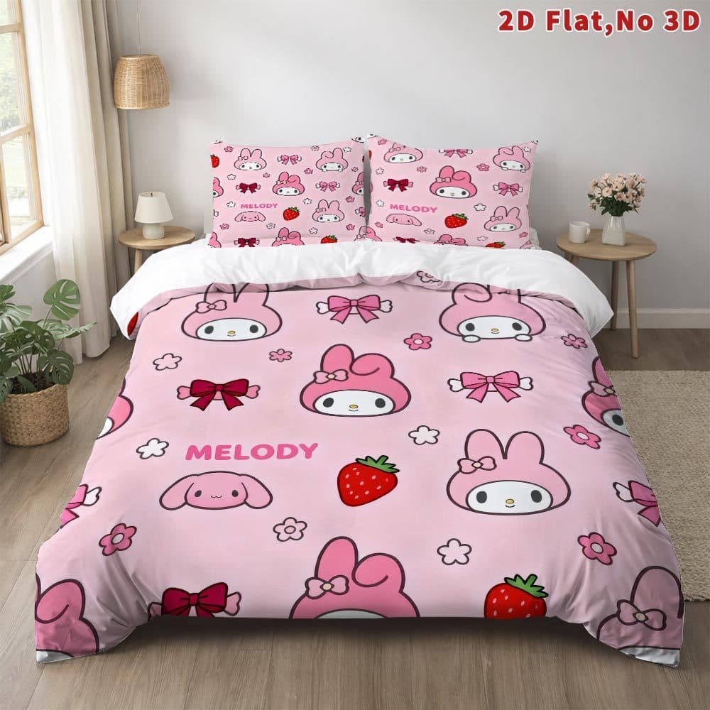 Conjunto de 3 peças estilo desenho animado plano 2D com tema melodia | Design elegante respirável, capa de edredão de 1