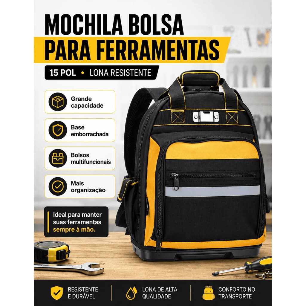 Mochila De Ferramentas Profissional Para Técnico Manutenção Montador Fundo PVC Rígido Reforçada 30L Resistente À Água
