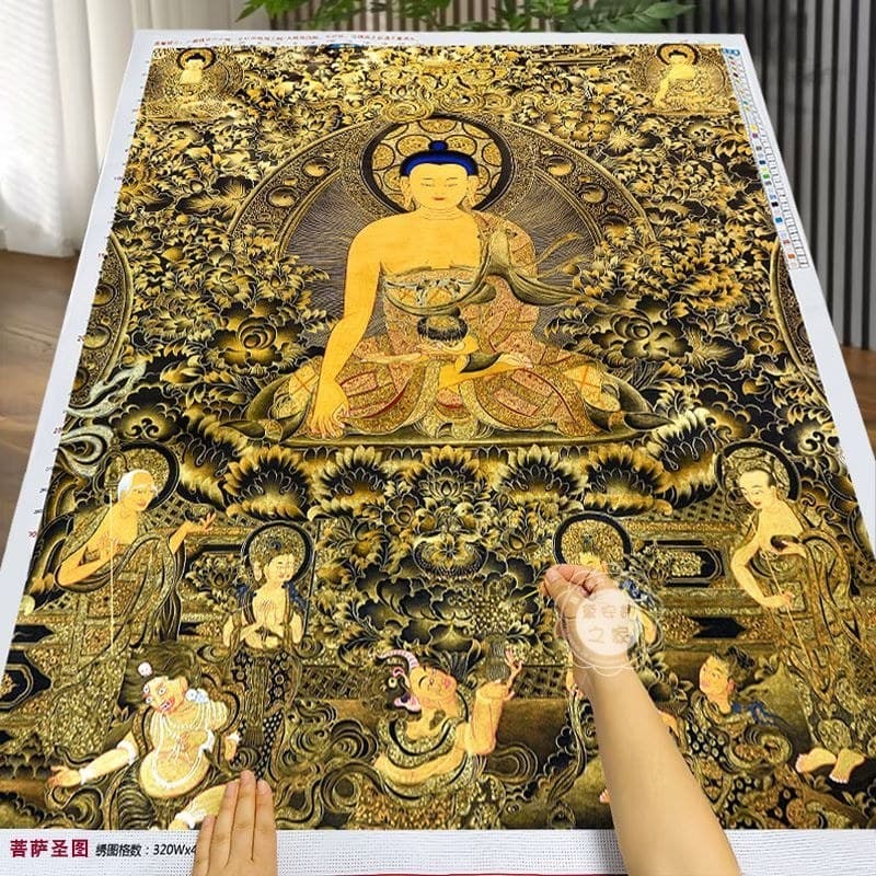 T Thangka amarelo deus da riqueza Sakyamuni estátua de buda ponto cruz 2025 artesanal próprio bordado dinheiro-bordado E