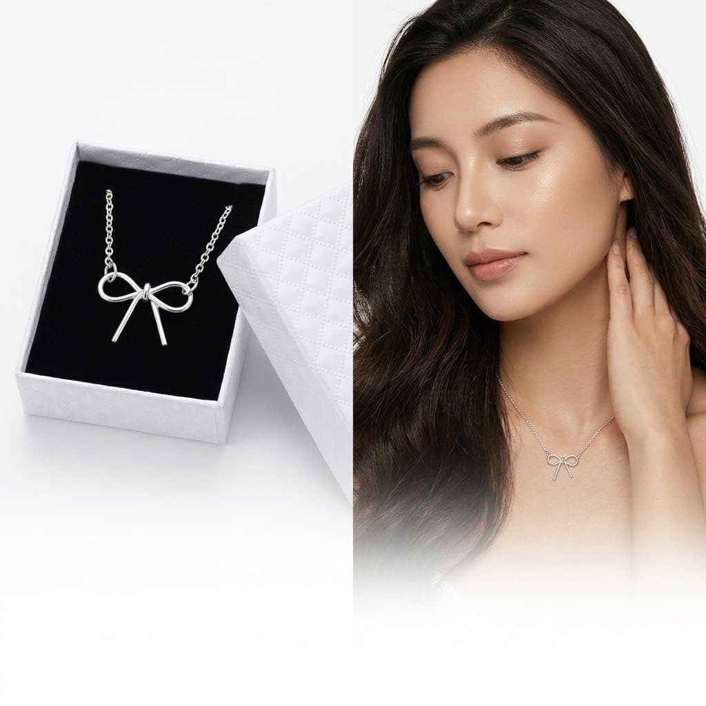 Colar Femenino Pingente Laço Prata 925 de lei Banhado+ Caixa para Presente Luxuosa Perfeito