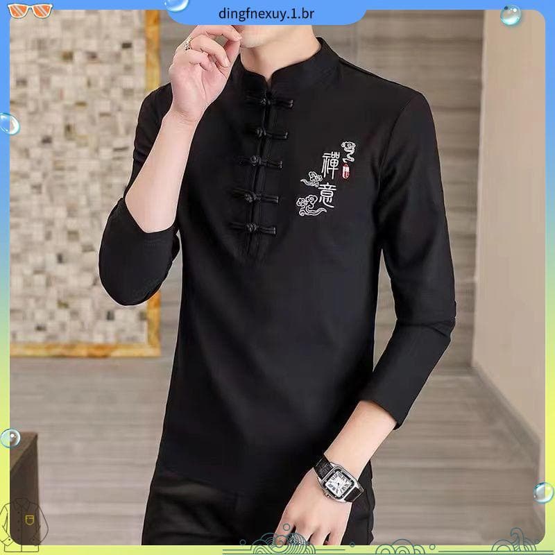 Zhongshan terno gola alta de manga comprida roupas masculinas primavera outono estilo chinês Tang terno fivela bordado
