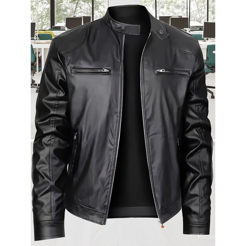 Jaqueta Masculina Leve com Gola Alta e Bolsos com Zíper, Estilo Motociclista, TAMANHOS GRANDES