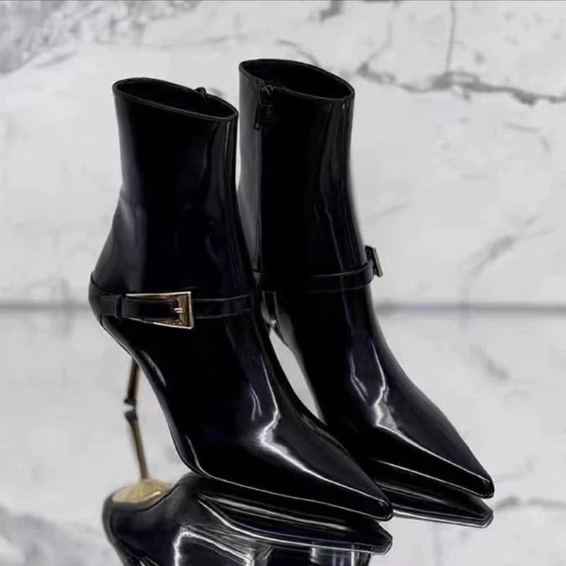 Dedo do pé apontado botas de tornozelo de salto alto feminino novo estilo outono inverno salto alto fivela de Metal bota