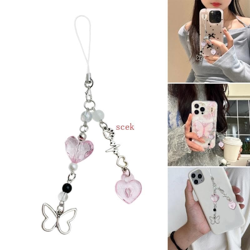 scek Coração Borboleta Pingente Alças Telefone Cordão Bolso Chaveiro Cinta Mochila Charme Chave Do Carro Decoraç