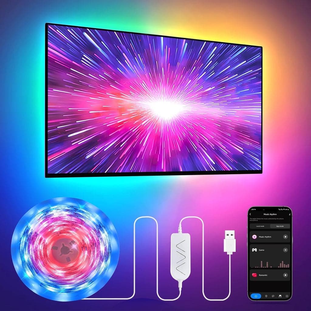 Fita de LED RGB+IC de 9,84 pés para TVs de 32-43 polegadas, iluminação de fundo atrás da TV com sincronização de música,