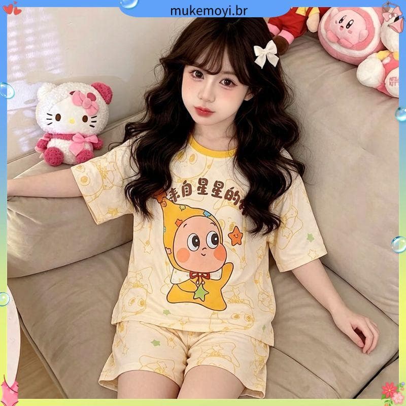 Pijamas infantis verão fino Shorts de manga curta meninas bebê dos desenhos animados médio grande crianças estudantes do