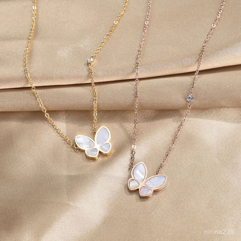 Novo colar francês de luxo retrô com nicho borboleta em aço inoxidável 18K e madrepérola natural para mulheres