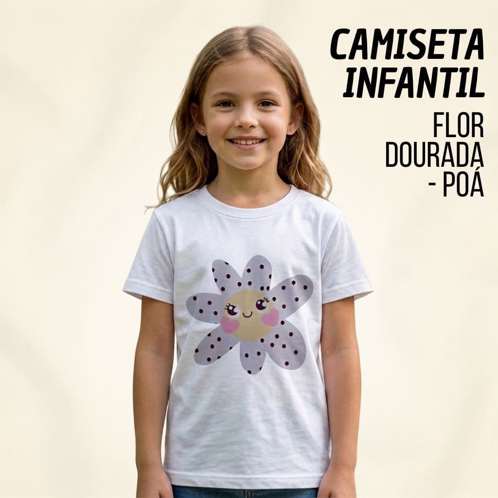 Camiseta Infantil Feminina Flor Poá Algodão Manga Curta Casual Confortável Estampada Menina